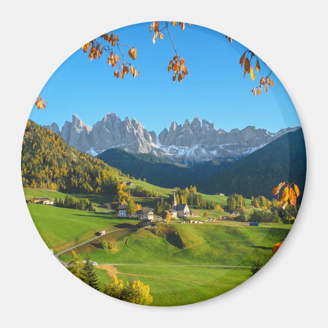 Val di Funes med höst löv runda magnet (Framsidan)