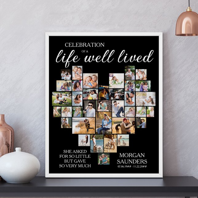 Väl Levd Liv Hjärtformat Fotokollage Begravning Poster (Life Well Lived Photo Collage Memorial Sign - available printed or as a digital download)