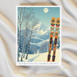 Val Thorens Frankrike ski retro Postcard Vykort<br><div class="desc">Bonjour från Val Thorens snöberg,  Frankrike,  i Europa! Vi hoppas att du har en underbar skidsemester. Detta vykort har ett fantastiskt blått grått-bergslandskap med retro-skidbrädor i ett orange-stam mönster. Alla textfraser kan anpassas till kostym!</div>