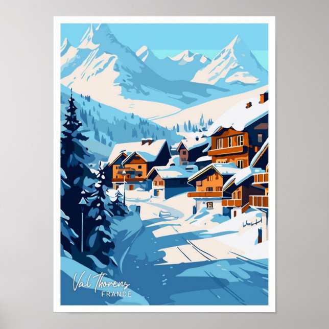 Val Thorens Frankrike Travel Vintage Illustration Poster (Framsidan)