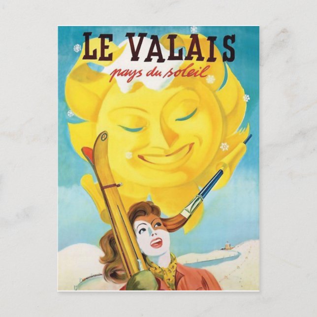 Valais, Kvinna med skida under milt solsken Vykort (Framsida)