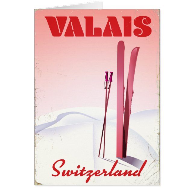 Valais Schweiz vintage stil ski poster Hälsningskort (Framsidan)