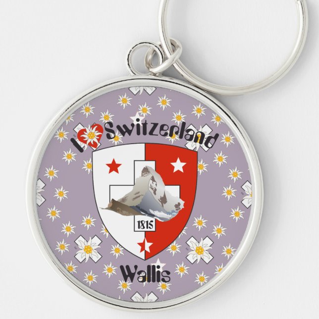 Valais / Wallis Suisse-Schweiz Schlüsselanhänger Rund Silverfärgad Nyckelring (Framsidan)
