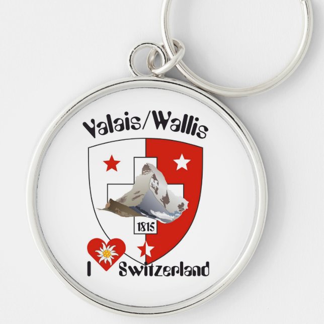 Valais / Wallis Suisse-Schweiz Schlüsselanhänger Rund Silverfärgad Nyckelring (Framsidan)