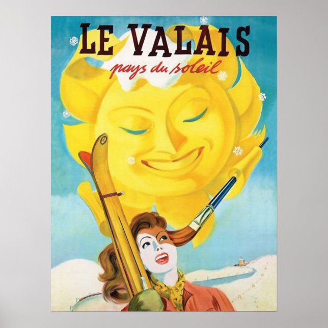 Valais, Woman med skidor under den försiktiga sol Poster (Framsidan)
