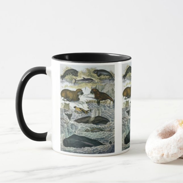 Valar, sälar och valrossar, antika marina djur mugg (Med munk)