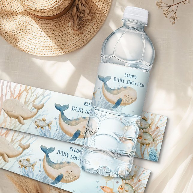 Valasköld Barnkalas Under Havet Vattenflaskor Etikett (Water Bottle Labels from the Whale Baby Shower Collection by Darling & May)