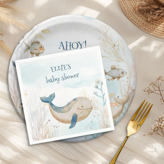 Välde under Sea Boy Baby Shower Pappersservett (Cocktail napkins from the Whale Baby Shower Collection by Darling & May)