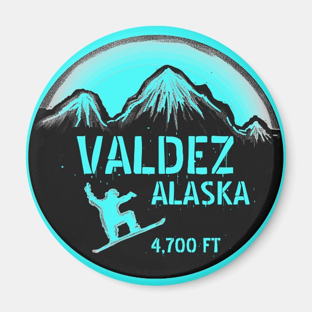 Valdez Alaska teal snowboard art magnet (Framsidan)