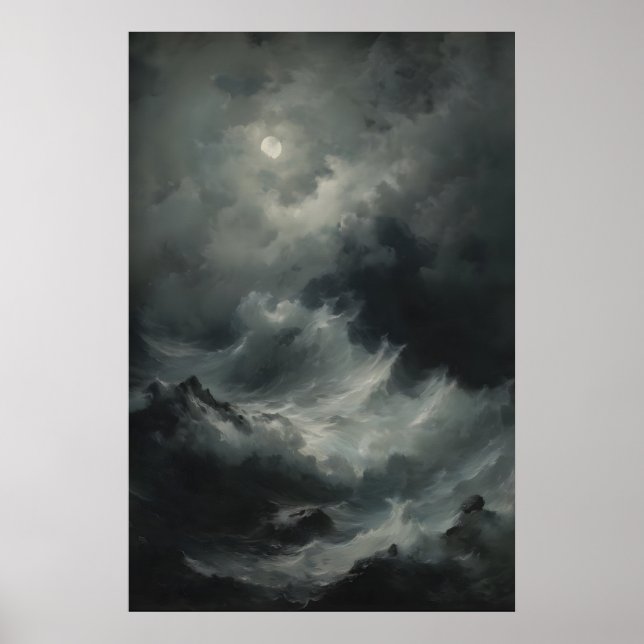 Våldsamma havsvågor Fullmåne Gotisk Sjölandskap Vä Poster (Framsidan)
