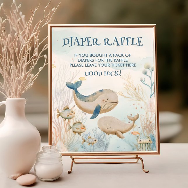 Våldskuvel under havsbladet Raffle-skylt Poster (Diaper Raffle sign from the Whale Baby Shower Collection by Darling & May)