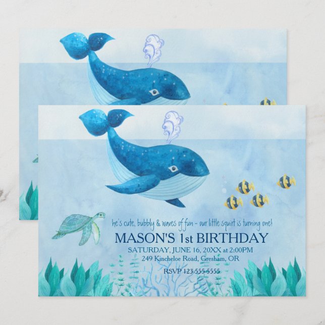 Vale Themed First Birthday bjudande Inbjudningar (Fram/baksida)