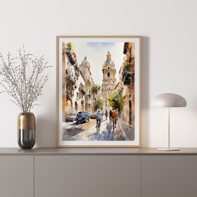 Valencia i Spanien Poster vattenfärg (Valencia in Spain Watercolor Poster)