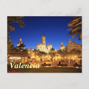 Valencia: Plaza Ayuntamiento by Night Vykort