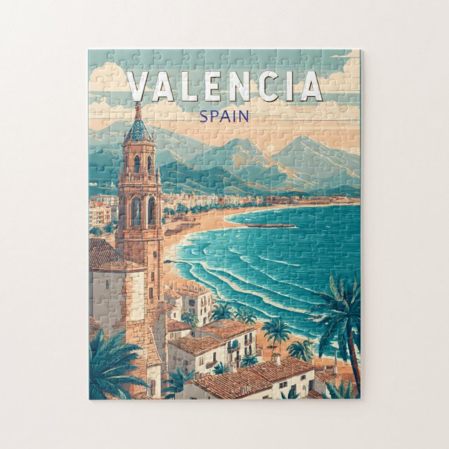 Valencia Spain Illustration Travel Art Vintage Pussel (Vertikal)