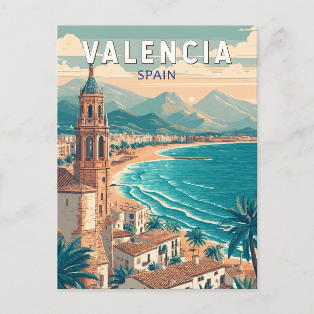 Valencia Spain Illustration Travel Art Vintage Vykort (Framsida)