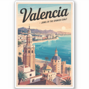 Valencia Spain Kusten Illustration Travel Art Retr Klistermärken