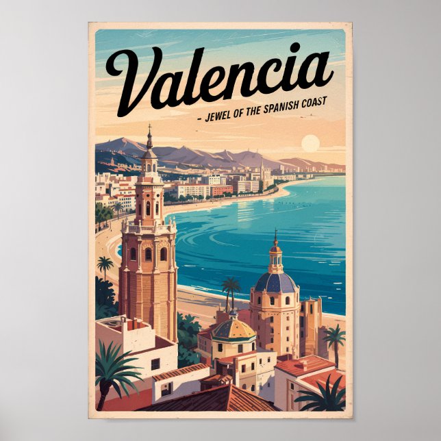Valencia Spain Kusten Illustration Travel Art Retr Poster (Framsidan)