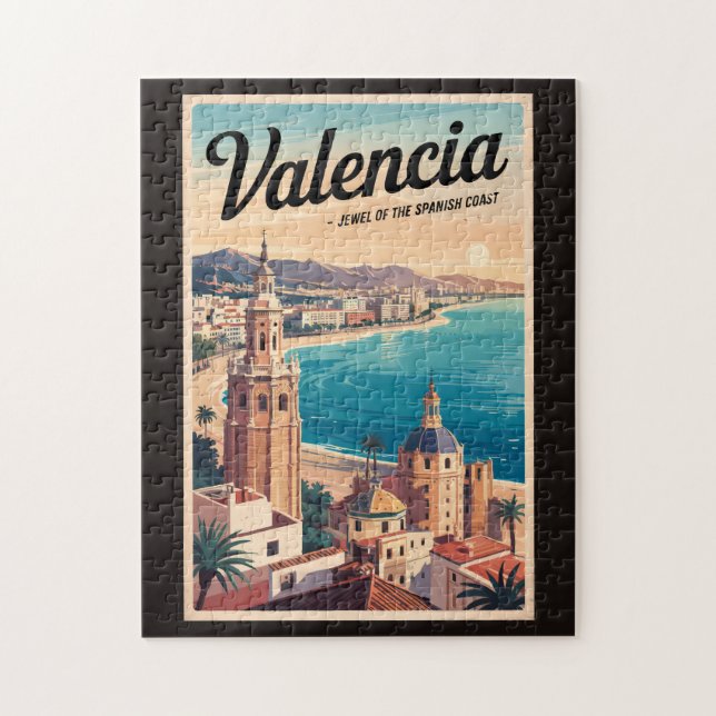 Valencia Spain Kusten Illustration Travel Art Retr Pussel (Vertikal)