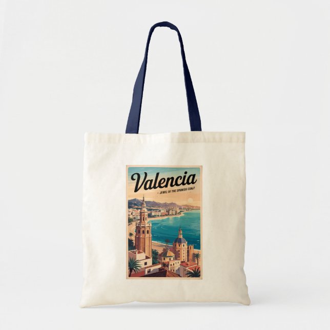 Valencia Spain Kusten Illustration Travel Art Retr Tygkasse (Framsidan)