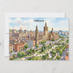 Valencia Spanien Akvarell Stadsvy Retro Resa Inbjudningar