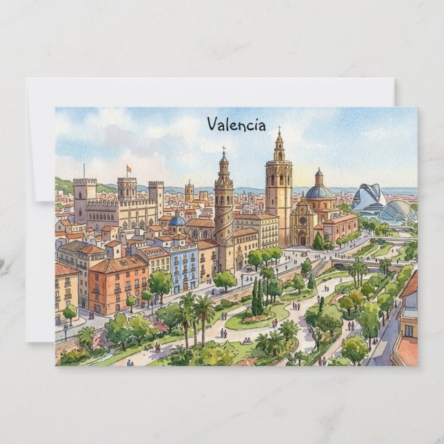 Valencia Spanien Akvarell Stadsvy Retro Resa Inbjudningar (Framsida)