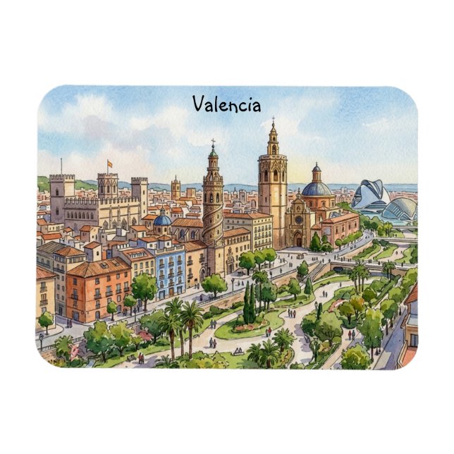 Valencia Spanien Akvarell Stadsvy Retro Resa Magnet (Horisontell)