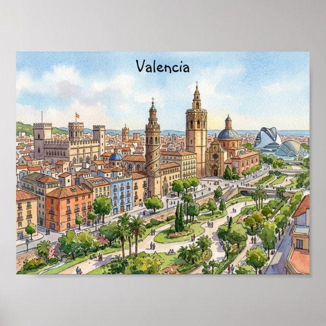 Valencia Spanien Akvarell Stadsvy Retro Resa Poster (Framsidan)
