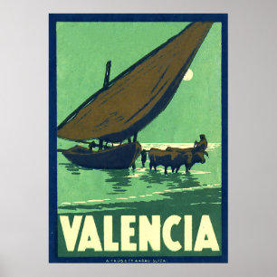 Valencia, Spanien, fiskebåt till sjöss, vintage Poster