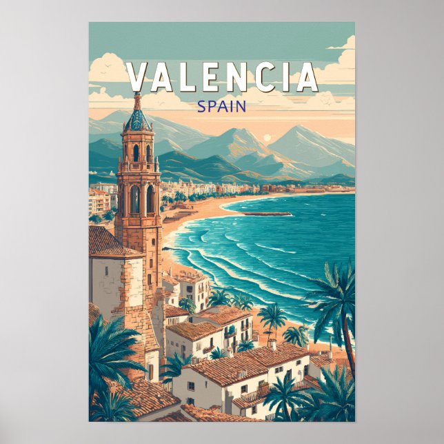 Valencia Spanien Illustration Resa Konst Vintage Poster (Framsidan)