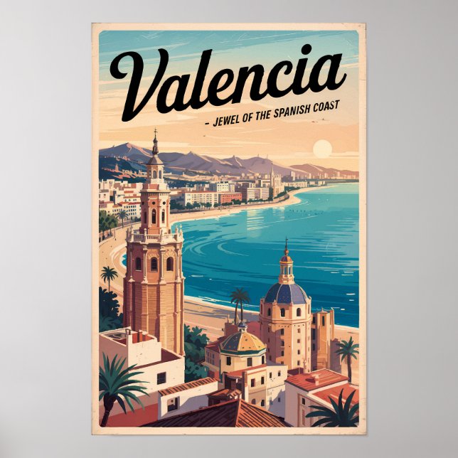 Valencia Spanien Kust Illustration Resa Konst Retr Poster (Framsidan)