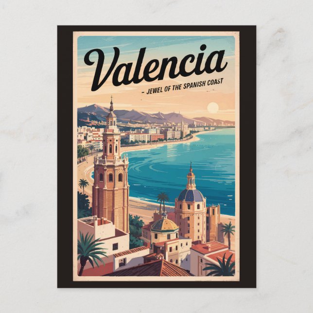 Valencia Spanien Kust Illustration Resa Konst Retr Vykort (Framsida)