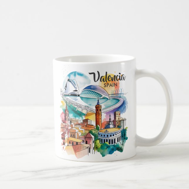 Valencia Spanien Stadsscenarie Akvarell Resa Anpas Kaffemugg (Höger)