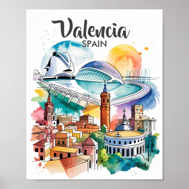 Valencia Spanien Stadsscenarie Akvarell Resa Anpas Poster (Framsidan)