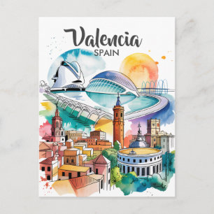 Valencia Spanien Stadsscenarie Akvarell Resa Anpas Vykort