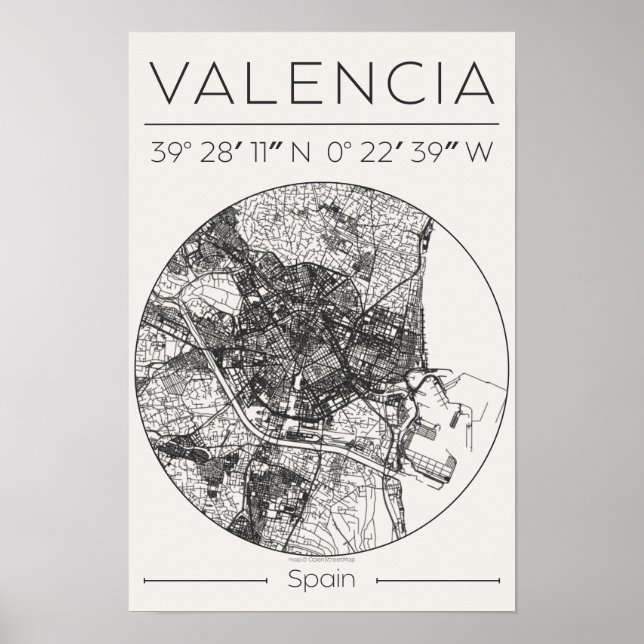 Valencia stads kartaffisch Minimal Charcoal Väggko Poster (Framsidan)