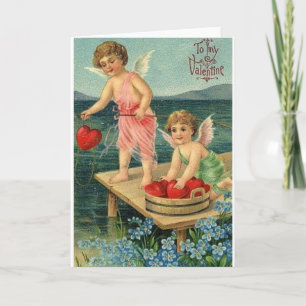 Valentin för fiske för VictorianCupidhjärta kort