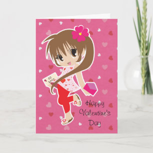 Valentin gullig rosa Chibi för dag flicka med Helgkort