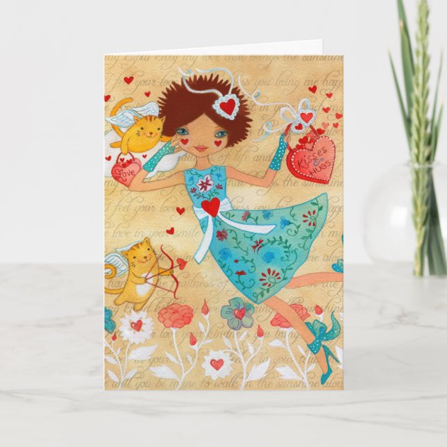 Valentin katter för dagCupid med hjärtor och Helgkort (Framsida)