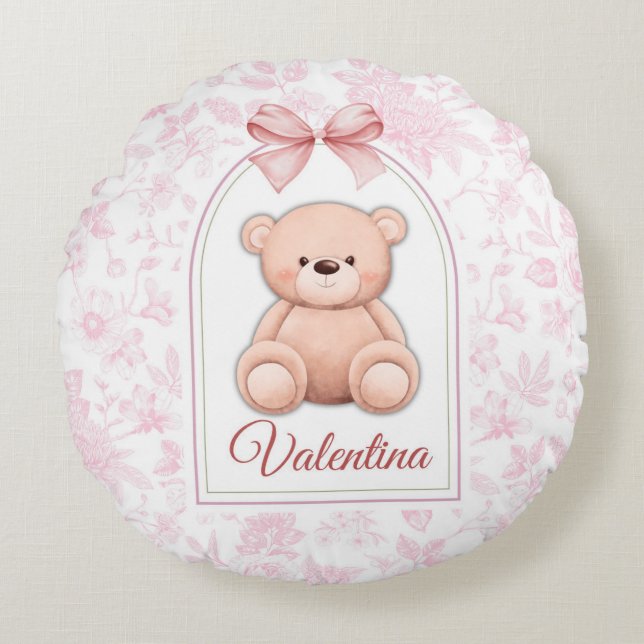 Valentina | Anpassningsbar Rosa Nalle Försörjnings Rund Kudde (Framsidan)