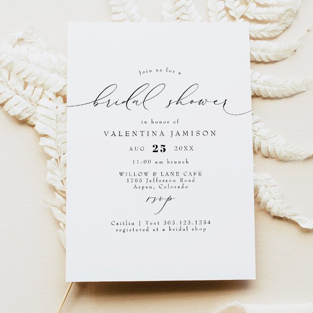 VALENTINA Elegant minimalist skript bröllopsdusch Inbjudningar (Elegant Calligraphy Script Bridal Shower Invitation)