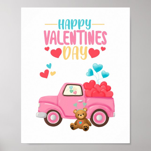 Valentindagen Cute Hearts Rosa Lastbil Nalle Poster (Framsidan)