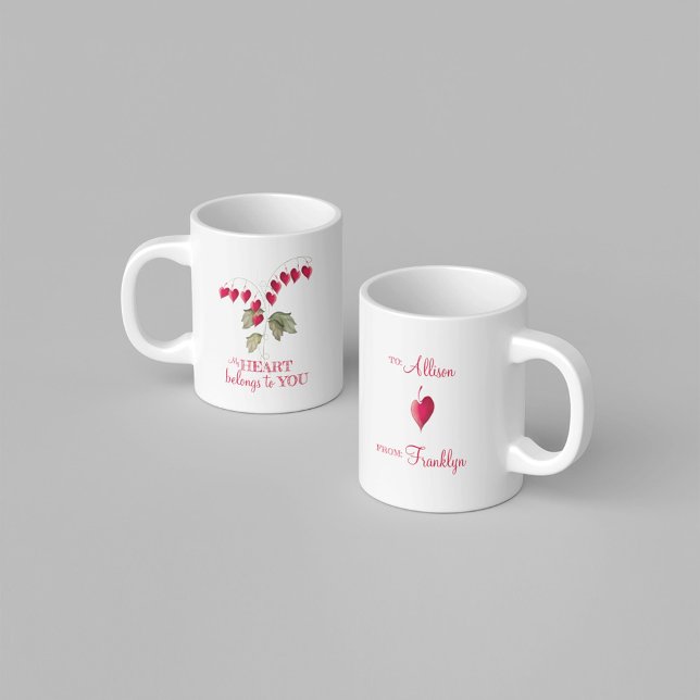 Valentindagen Cute Whimsical Bleeding Hearts Kaffemugg (Romantic bleeding heart flower mug with personalized names and sweet Valentine love message.)