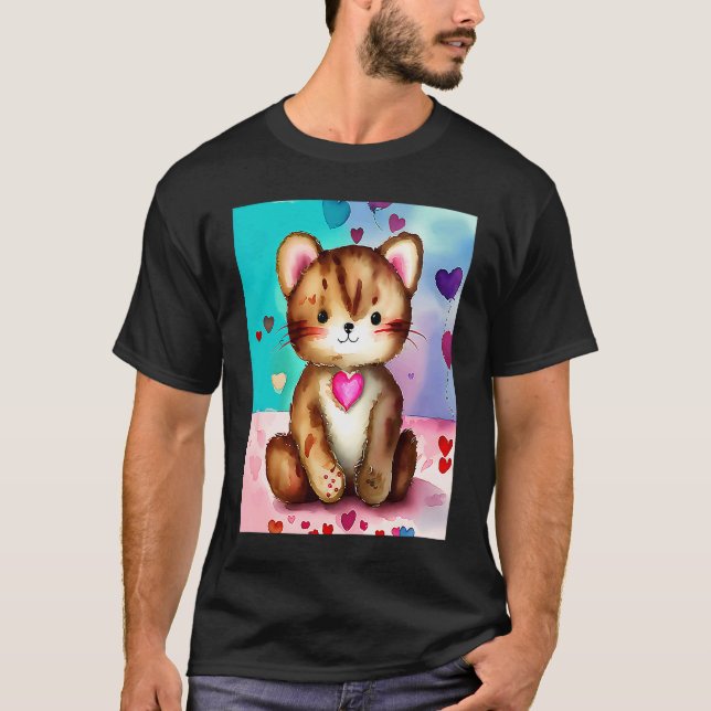Valentindagen Kärlek Heart Cat Teddy Girlkompis Fi T Shirt (Framsida)