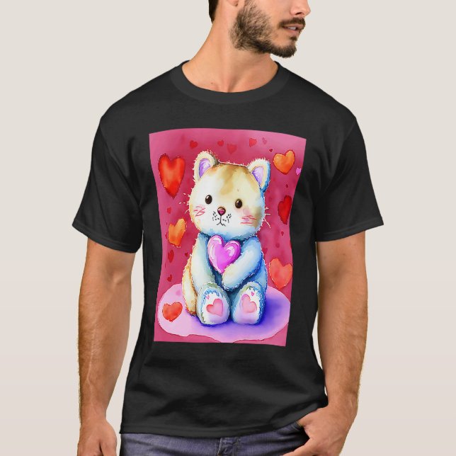 Valentindagen Kärlek Heart Cat Teddy Girlkompis Fi T Shirt (Framsida)