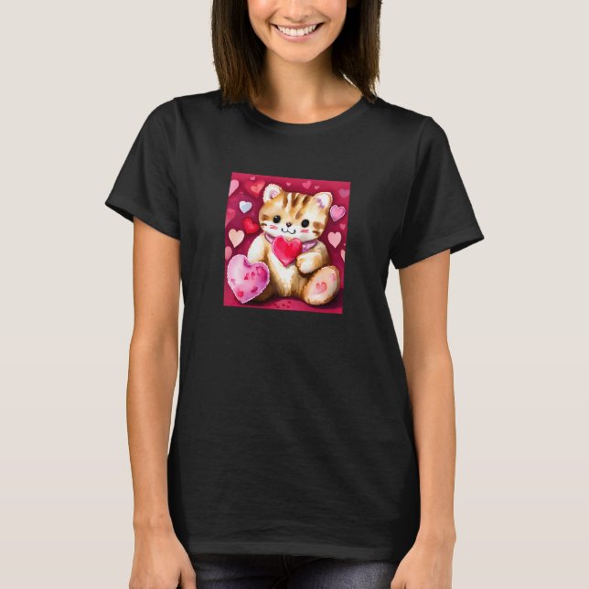 Valentindagen Kärlek Heart Cat Teddy Girlkompis Fi T Shirt (Framsida)