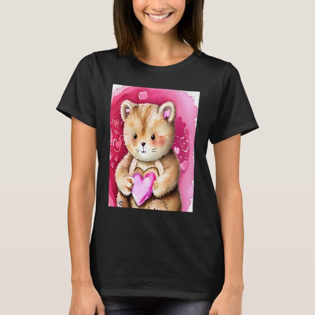 Valentindagen Kärlek Heart Cat Teddy Girlkompis Fi T Shirt (Framsida)