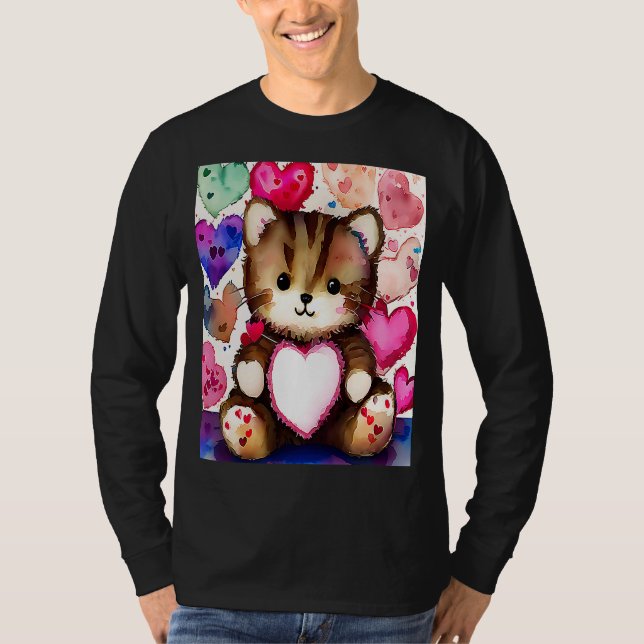Valentindagen Kärlek Heart Cat Teddy Girlkompis Fi T Shirt (Framsida)