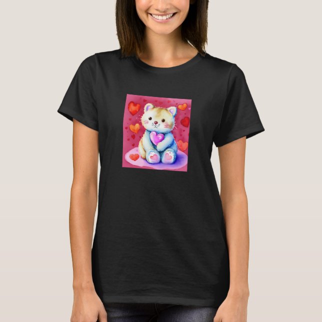 Valentindagen Kärlek Heart Cat Teddy Girlkompis Fi T Shirt (Framsida)