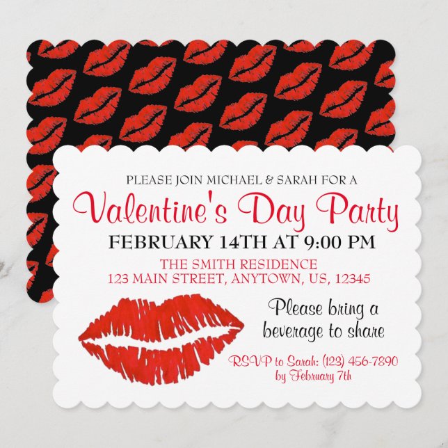 Valentindagen Party Red Läppar Lipstick Kiss Kärle Inbjudningar (Fram/baksida)